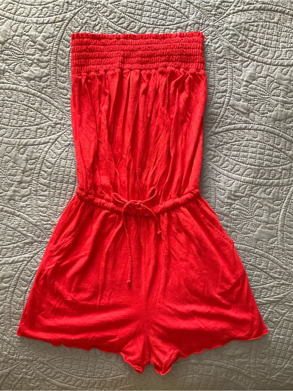 Red Haute XS Women’s Red-Orange Strapless Romper Double Lined Shorts with Pocket